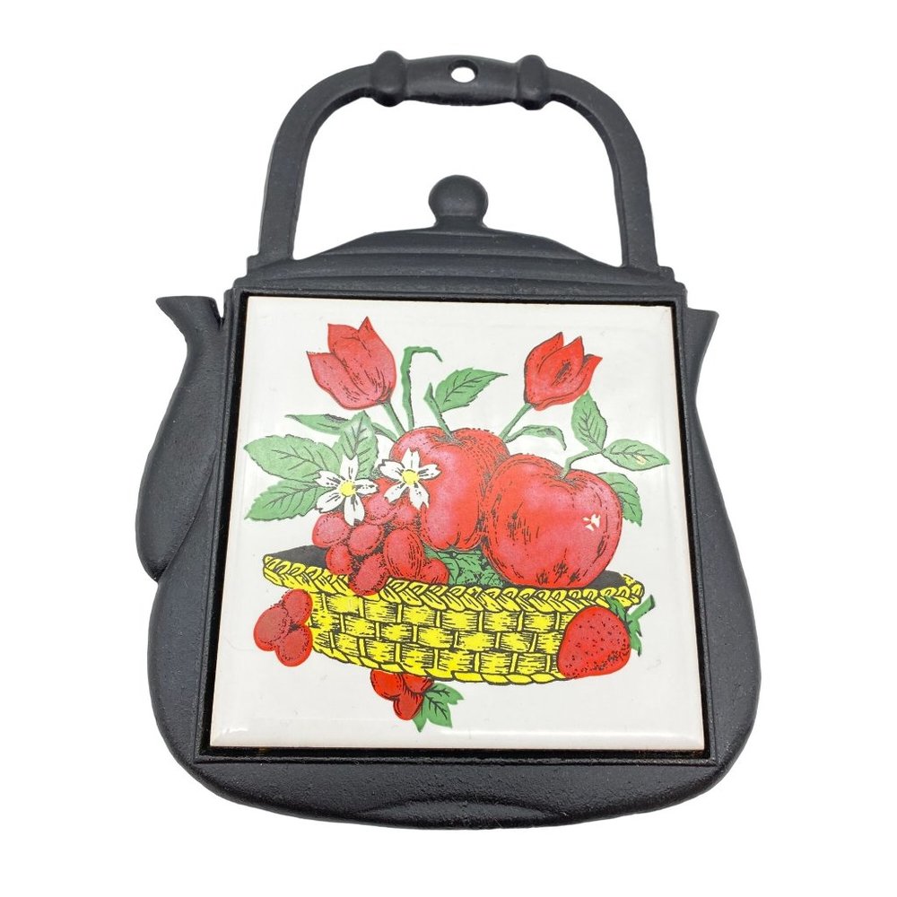 Vintage metal‎ tea kettle tile trivet Made Taiwan Apple rose basket fruit